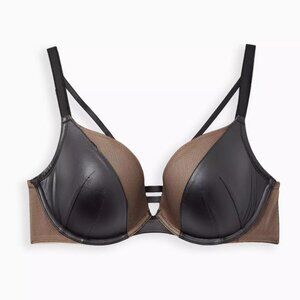 Torrid XO Plunge Push-Up Bra Size 38C Black Faux Leather Mesh Underwire Strappy